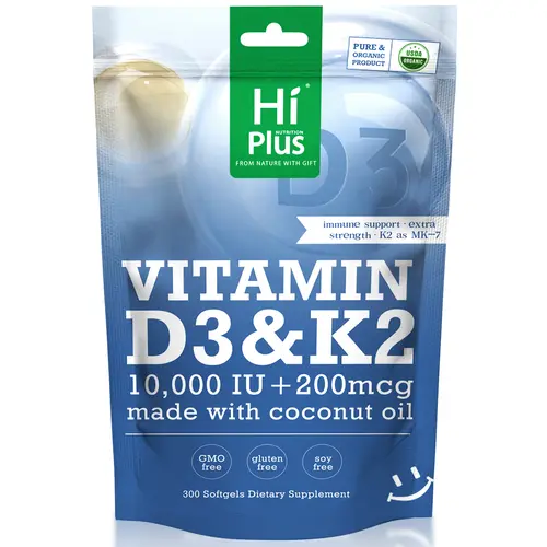 HiPlus Vitamin D3 & K2 | 10,000 IU + 200 mcg, Immune Support & Bone Health, Made with Coconut Oil,300 Softgels Natural Extra Strength