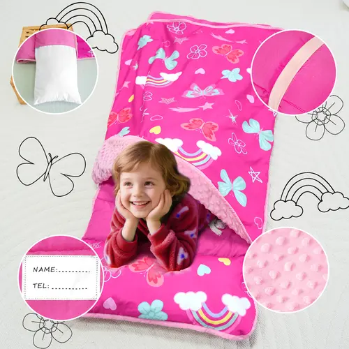 Primlect Toddler Kid-Friendly Sleep Mat - Extra Large 52.8"x53.5"x1" Washable Roll-Up Design Sleeping Bag with Removable Pillow, Minky Dot Blanket, Name Tags, Fun Prints - Ideal for Daycare, Preschool