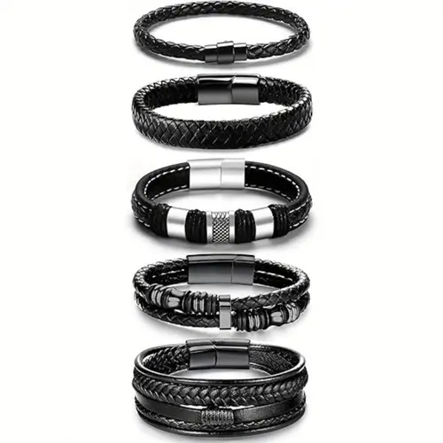 5pcs Mens Bracelet Leather and Steel Braided Cuff Bracelets Black Leather Bracelets for Men Women