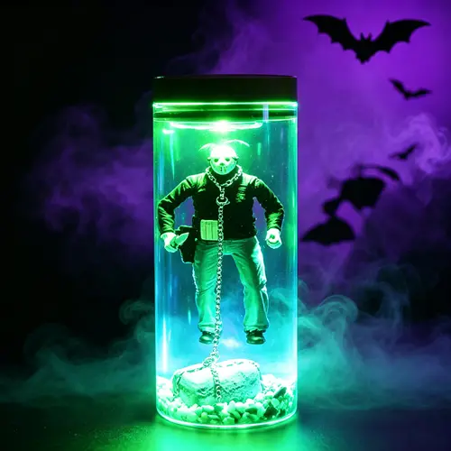 Halloween Spooky Masked Figure Glass Jar LED Night Light, Creepy Themed Desktop Table Lamp, Gothic Ambient Decor for Bedroom Party Haunted House, Novelty Holiday Gift