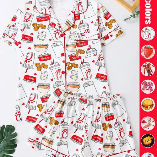 Women's All Over Print Button Front Shirt & Shorts Pyjama Set, Pajama Set, Comfort Two-piece Pj Set for Homewear & Loungewear, Women's Sleepwear for All Seasons, Pajamas