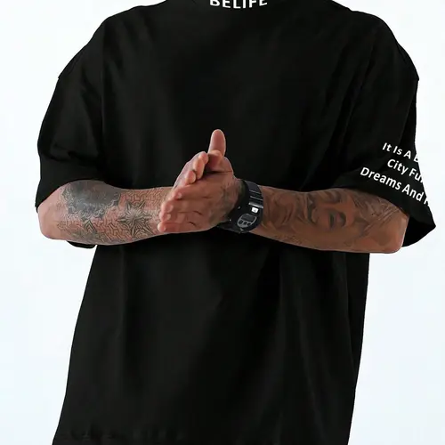 【Plus Size】 Letter Print Short Sleeve Tee, Regular Fit Casual Letters Print Streetwear Crew Neck T-Shirt for Daily Wear, Men's Clothing for Summer, Casual Printed Top