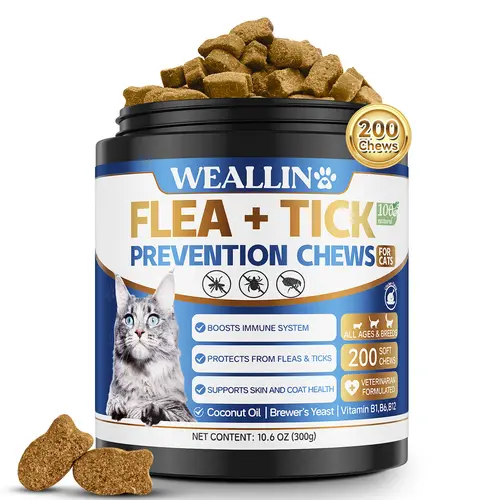 WEALLIN Flea & Tick Support Chewables for Cats & Kittens - 200 Count, Natural Flea Defense Supplement, Vet-Formulated Daily Care for Skin & Coat Health, Flea Tick Chewables