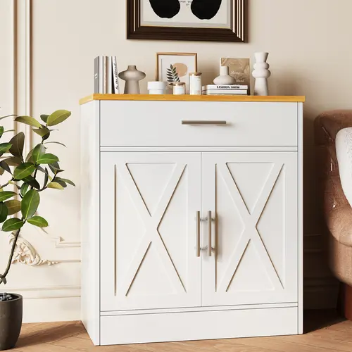 Walsunny Sideboard Buffet Cabinet, Barn Door&Coffee Bar Cabinet with Storage Drawer and Adjustable Shelf for kitchen, Living Room, Entryway, White Adjustable Metal