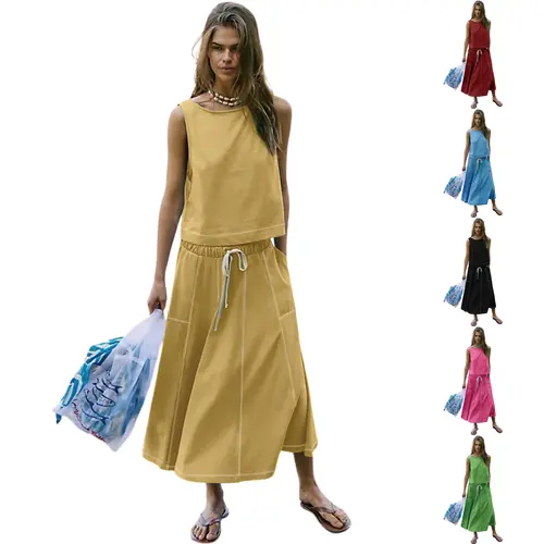 Tanming Women's 2 Piece Matching Set, Casual Sleeveless Boat Neck Tank Top & Cotton Blend Long Drawstring Skirt with Pockets, Basic, 2 Piece Sets, 2 Piece Sets Women