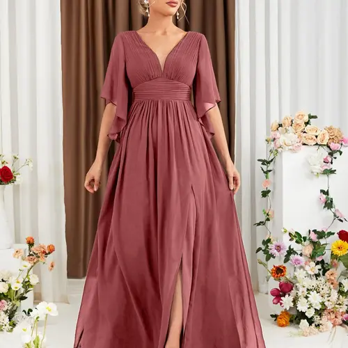 Women's Plain Floral Lace V Neck Bridesmaid Bridal Shower Gown, Elegant Fitted Bishop Sleeve Long Dress for Wedding Party, Ladies Clothes for All Seasons, Womenswear, Bridesmaids Dresses