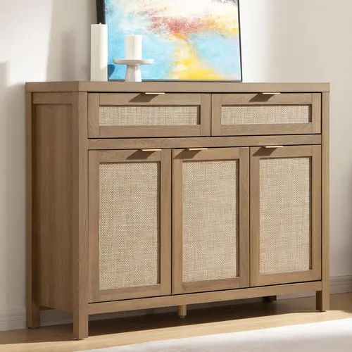 SICOTAS Rattan Sideboard Buffet Cabinet - Boho Farmhouse Credenza with 3 Doors and 2 Drawers, Storage Console Cabinet for Kitchen, Living Room, Entryway, Coffee Bar and Home Decor,dorm essentials