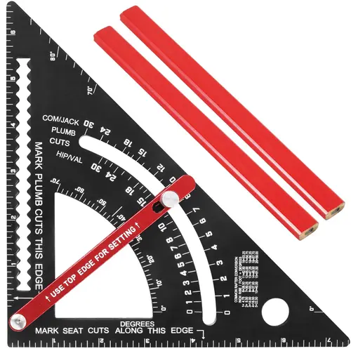 7-Inch Aluminum Alloy Adjustable Angle Carpenter Square - Rafter Triangle Ruler with 2 Pencils, Accurate Scale Calipers, Inches-Metric Layout Tool for Professional Carpentry & Furniture, Easy-to-Use Long-Lasting Hardware Measuring Tool