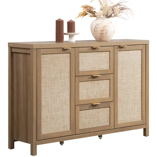 SICOTAS Large Rattan Sideboard Buffet Cabinet - Rustic Golden Wood Modern Storage Cabinet with Adjustable Legs, 3 Drawers, 2 Doors, Rattan Dresser, Detailed Instructions for Living Room, Home Bar