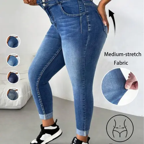 High Waist Tight Fit Skinny Blue Button Jeans, Basic, Fashionable Women's Daily Wear, Comfortable and Versatile, All Seasons Essential, Elastic