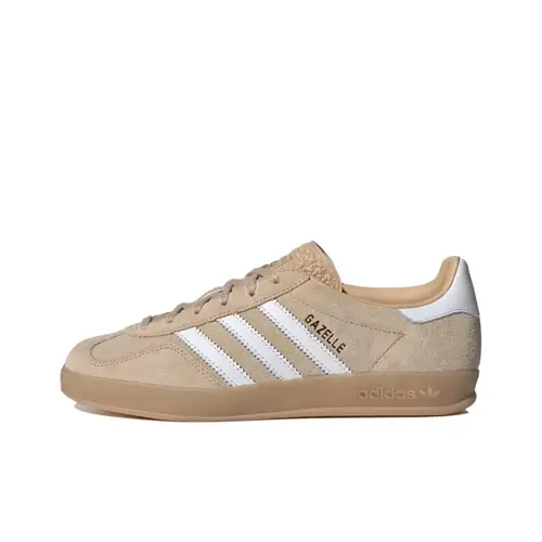 Women's Adidas Gazelle Retro Stripes Indoor Suede Athletic Shoes - Vintage Closed-Toe Magic Beige with Gum Sole, Casual Trainers
