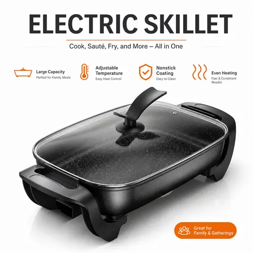 AORAN 1500W Thermal Heating Cooker - Multifunctional Non-Stick Electric Frying Pan for Single Household Kitchen Appliances, Large Capacity, Stand-Up Glass Lid, 3 Marked Heat Levels, Heat-Resistant Handle,home essentials