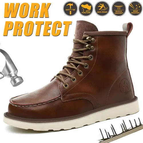 QINGRUIPAI Men's Lace-Up Steel Toe Work Shoes, Casual Striped Breathable Footwear for Worker, Lightweight & Non-Slip