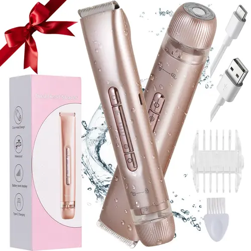 Women's 2-in-1 Cordless Ceramic Hair Removal Trimmer - Electric Dual-Head Bikini Shaver, IPX7 Waterproof Rechargeable Trimmer, Skin-Friendly Portable Compact Razor for Bikini, Underarm Use, Ideal Gift