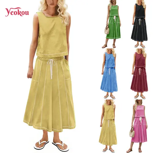 YeoKou Women's Breathable 2-Piece Sleeveless Tank & Skirt Set - High Neck, Drawstring Waist, Mid-Rise, Coordinating Fabric, Minimalist Sporty Chic Basics, 2 Piece Sets for Women (Boat Neck Wardrobe Staple)