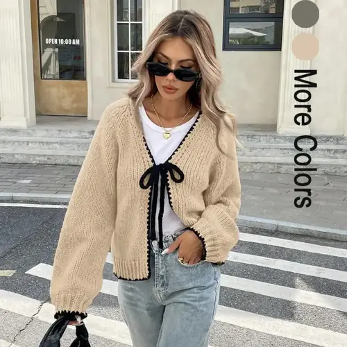 Women's Tie Front Long Sleeve Colorblock Knit Cardigan, Casual Open Front Outerwear for Daily Wear, Ladies Knit Clothing for Spring & Fall, Knitwear