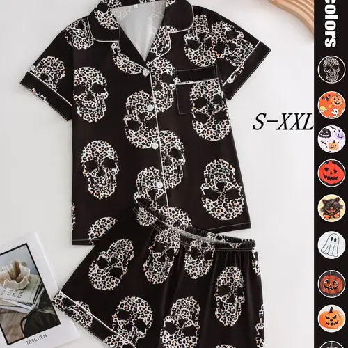 Women's Fitted Skull Print Pajama Set, Button Front Short Sleeve Collared Top & Loose Shorts, Cute Comfortable Sleepwear Loungewear Pajamas Sleepwear