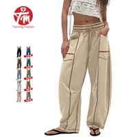 Tanming Womens Baggy Barrel Wide Leg Yoga Lounge Pants Drawstring Waist Pockets Athleisure Style Casual Sweatpants Comfortable Loose Fit Bottoms for Women Summer Casual Wear