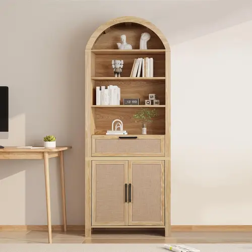 FurSch 79" Tall Arched Bookcase with Storage, Mid Century Modern 6-Tier Cabinet with Door and Drawer, Arched Bookshelf with Open Display Shelf for Office Living Room kitchen storage cabinet
