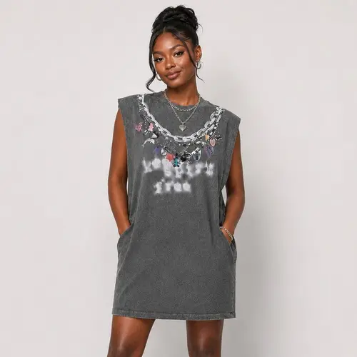 URBAN REVIVO Women's Sleeveless 100% Cotton Casual Mini T-Shirt Dress - Oversized Straight Fit, Pockets, Elegant, Comfortable Fabric, Fashionable for Girls