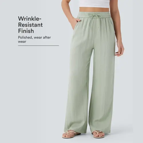 【Creator’s Pick】Halara High Waisted Drawstring Pocket Wide Leg Baggy Casual Linen-Feel Pants