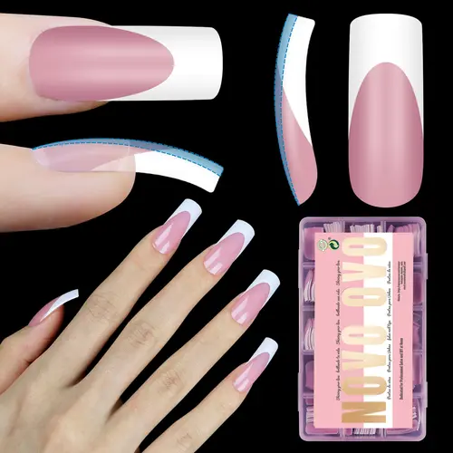 NOVO OVO Medium Slightly Curved White French Tip Nail Tips BERRY PINK Full Cover for Press on Acrylic, Extra Thick M Soft Gel False Nail, need Builder Gel Top Coat, no Glue included x 15 Sizes 240 pcs【DOES NOT INCLUDE: LIGHT, GLUE, BUILDER GEL】, Press On