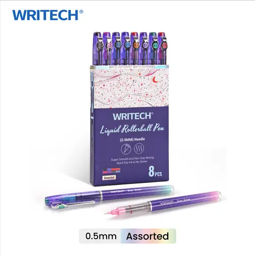 WRITECH Liquid Ink Rollerball Pens 8ct Assorted Colors 0.5mm Tip for Smooth Writing, Coloring, Drawing, and Journaling Office Stationery Supplies