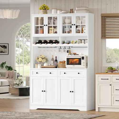 【2 Packages Shipping】HOSTACK 75.4" Tall Kitchen Pantry Cabinet with Charging Station, Hutch, Microwave Stand, Wine Rack, Large Pantry Storage Cabinet with Glass Doors, Drawers