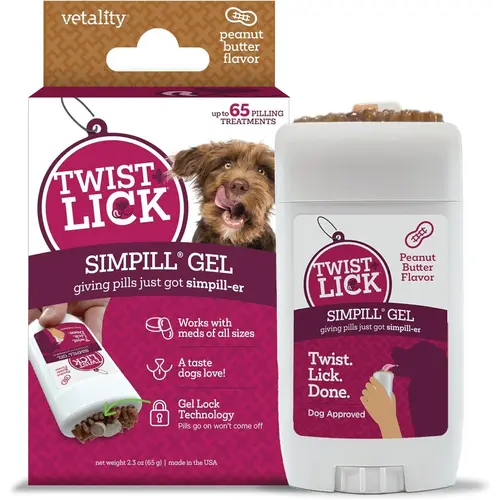 Vetality Twist + Lick SimPill Pill Hider Treat for Dogs Beef Chicken & Peanut Butter Flavor 2.3 oz Up to 65 Treatments Gel Lock Technology