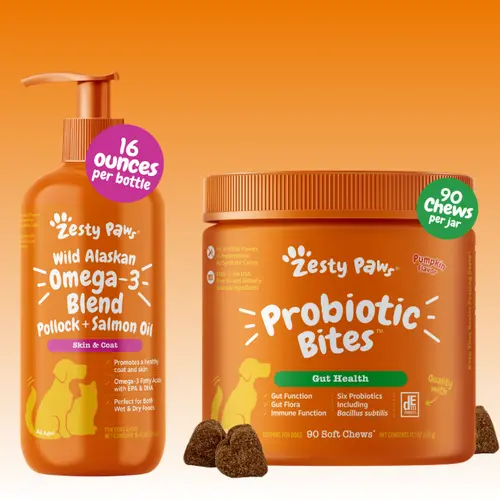 TikTok Exclusive Bundle Zesty Paws Spring Vitality Gut & Skin Duo (16 oz Salmon Oil + 90ct Probiotic Bites)