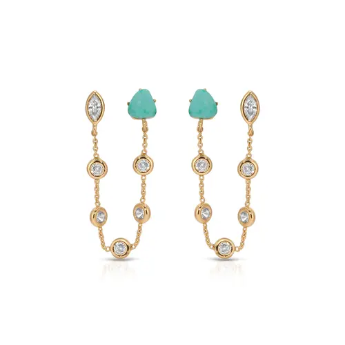 Double Piercing Turquoise Earrings – 18K Gold Plated CZ & Turquoise Statement Drop Earrings, Modern Dual Stone Design Sparkling Cubic Zirconia
