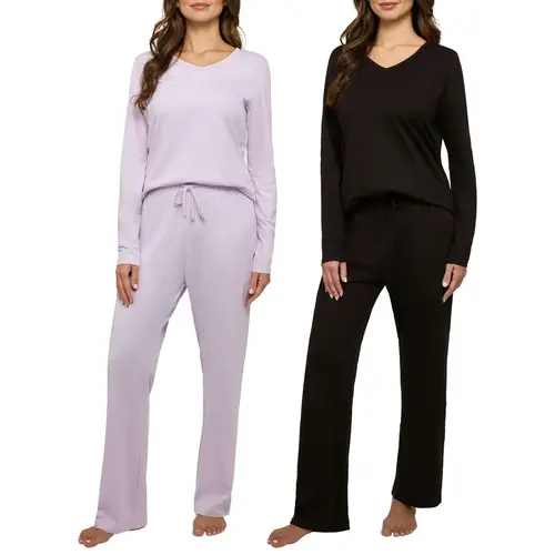 Real Essentials 2 Pack Women's Soft Cotton Long Sleeve Pajama Set with Pants - Lounge Sets for Women (Available In Plus)