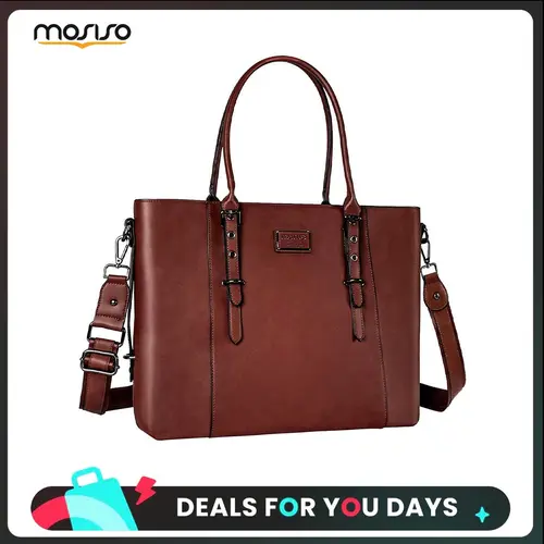 MOSISO Women's PU Leather Laptop Tote Bag - Waterproof, Crash-Proof, Durable Lightweight Office Accessory with Adjustable Strap, Shoulder Option, Top Zip Closure, Outer Zip Pocket for Phone, 13.3-17.3in Everyday Bag, Zipper