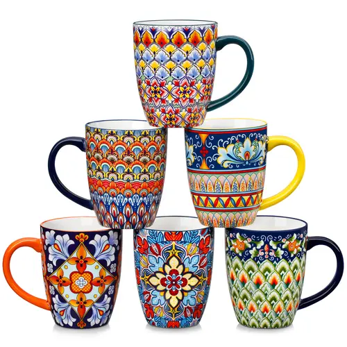 vancasso SIMI Porcelain Coffee Mugs Set of 6, 12/14/16/18 oz Multicolor Ceramic Cups for Latte, Cappuccino, Tea & Cocoa, Boho Style, Microwave & Dishwasher Safe
