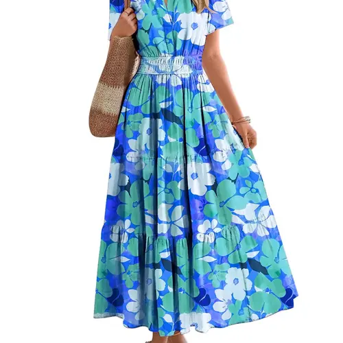 BTFBM Summer Dresses for Women 2026 Floral Casual Short Sleeve V Neck Elastic Waist Maxi Wedding Guest Dress Pockets