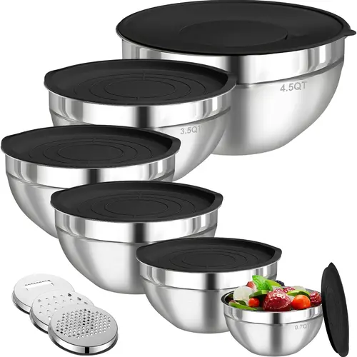 Classic 6-Piece Stainless Steel Mixing Bowl Set with Airtight Lids, 3 Graters Attachments, Food Storage Bowls for Meal Prepping, Dishwasher Safe Nesting Kitchen Tableware (4.5QT, 3.5QT, 2.1QT, 1.5QT, 1.1QT, 0.7QT)