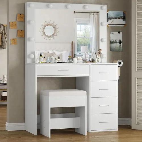 FUSOU 37"W 5 Drawers Vanity Desk with Power Outlet, 3 Color Lighting Modes, Makeup Table with Lighted Mirror, Vanity Table Dressing Table Set tabitha modern power outlet,dorm essentials,home decor