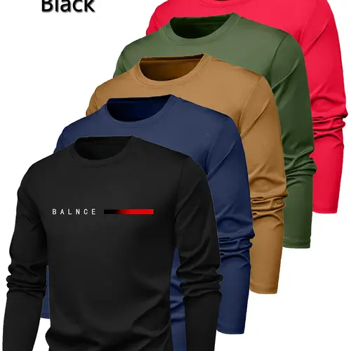 Men's Regular Fit Balance Letter Print Long Sleeve Tee, Casual Comfy Round Neck T-shirt for Daily Wear, Men's Top for All Seasons