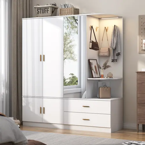 Modern LED Clothes Storage Cabinet - Aluminum Indoor Wardrobe Armoire with 5 Doors, Acrylic Mirror, 4 Metal Hooks, 2 Drawers, Shelves, Sensor Lighting, Room Storage & Assembly Required