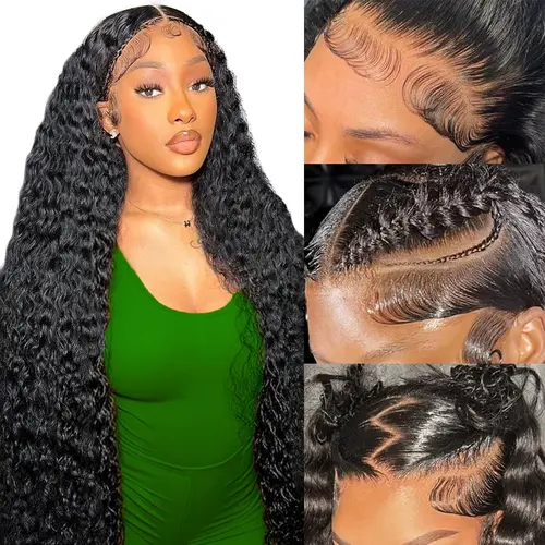 [30 inch only $105] Zlzlblbl Deep Wave Lace Front Wigs Human Hair 200 Density 13x6 HD Lace Frontal Wigs Human Hair Pre Plucked Deep Glueless Wigs Human Hair for Women Natural Black #