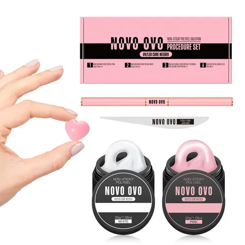 NOVO OVO Upgraded Non-Sticky Polygel Nail Kit – White & Pink Poly Gel for Toes, Dual-Ended Pen, Extra Slim File, Hand/Toe Toehand Dual Forms for Gel X At-Home Use