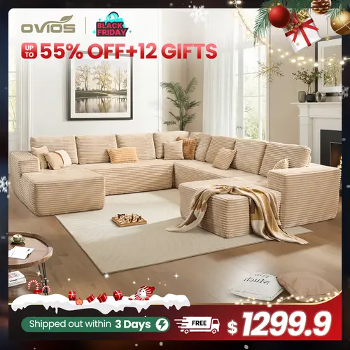 【4/5 Packages Shipping】Ovios 136" Sectional Cloud Couch for Living Room, Modular Floor Sofa with Plush Corduroy, No Assembly Required, Big Comfy Couches Set with Fluffy Memory Foam, Stupendous U Shaped Sofas with Chaise