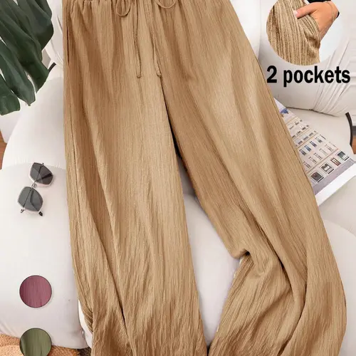 [Plus Size] Solid Pocket Wide Leg Beach Vibe Pants, Casual Fashion Lounge Comfy Trousers for Daily Wear, Women's Summer Bottoms