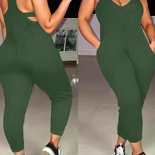 [Plus Size] Solid Color Cami Jumpsuit, Casual Comfy Jumpsuit, Casual Sleeveless Spaghetti Strap Jumpsuit for Summer, Casual Fitted Jumpsuit, Women's Clothes for Daily Wear, Womenswear, Stretchy Overalls, Casual Jumpsuits, Stylish Jumpsuit