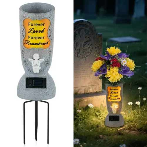 Solar-Powered Cross Angel Ceramic Stone Vase with LED Light - Cemetery Tombstone Decoration, Fresh/Artificial Flower Holder, Commemoration Gift for Grieving Individuals