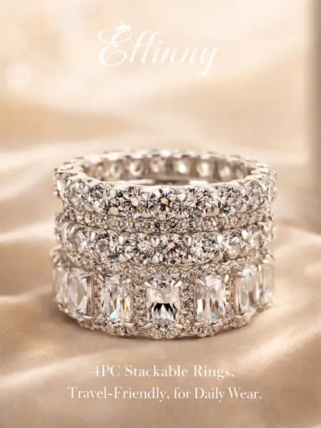 Effinny 925 Sterling Silver 10.0ct Cushion Cut 3PCS/4PCS Stackable Wedding Band Ring Set, No Tarnish Full Eternity Churumbela Jewelry Set for Travel, Daily, Stacking Rings, Bridal Ring Sets