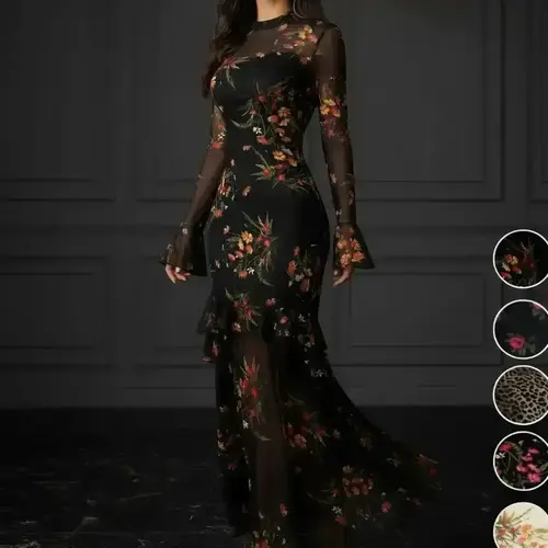 Women's Floral-Print Fitted Dress, Elegant Feminine Vintage Gothic Aesthetic Flared Long Sleeve Dress for Party Holiday Wedding Guest, Ladies' Clothes for All Seasons, Elegance, Garden Formal Dresses for Wedding Guest