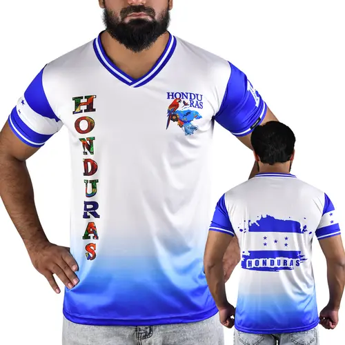 Fox & Fury Unisex V-Neck Soccer Jersey of Honduran Heritage for Men & Women with Ribbed Neck & Cuff Camiseta de Futbol Shirt Latina Blue Gradient Design