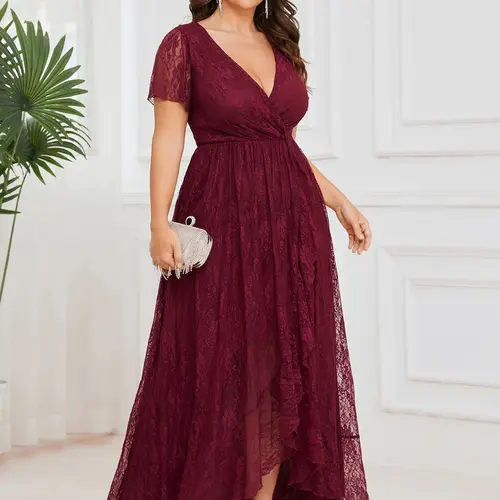 Ever-Pretty Short Sleeve Ruffled Lace Mother of the Bride Dress with V-Neckline for  Formal Occasions 01489