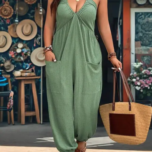 【Plus Size】 Solid Color Pocket Open Back Jumpsuit, Overall Jumpsuits, Overalls Jumpsuit, Casual Sleeveless Jumpsuit for Daily Wear, Women's Plus Clothing for All Seasons